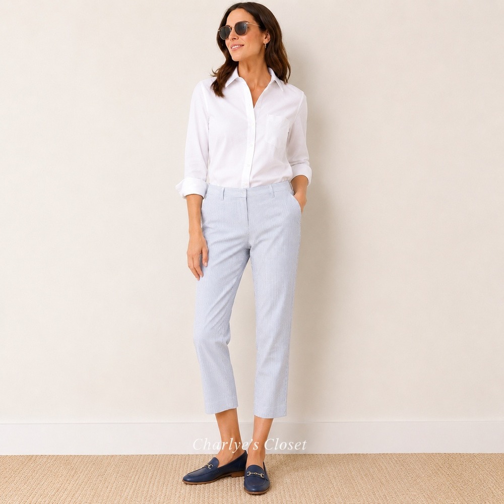 Ann Taylor Pinstripe Capri Trousers 14 Cropped Ankle Coffee Run Office Preppy